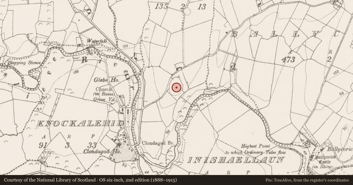 Ordnance Survey six-inch map, 2nd edition (1888–1915) covering the location of Hilltop enclosure, Gortnamuck, County Clare, with a pin at the register's coordinates