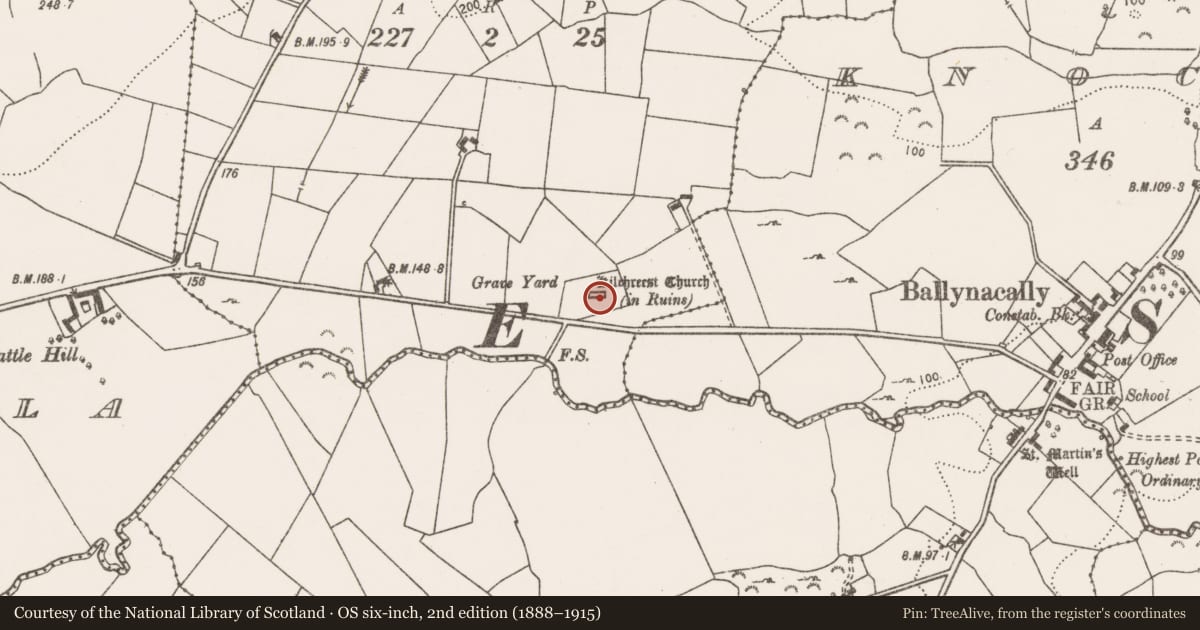 Ordnance Survey six-inch map, 2nd edition (1888–1915) covering the location of Church, Carrowkilla, County Clare, with a pin at the register's coordinates