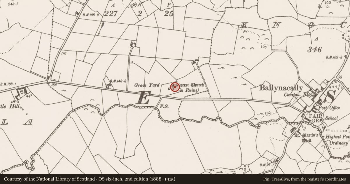 Ordnance Survey six-inch map, 2nd edition (1888–1915) covering the location of Graveyard, Carrowkilla, County Clare, with a pin at the register's coordinates