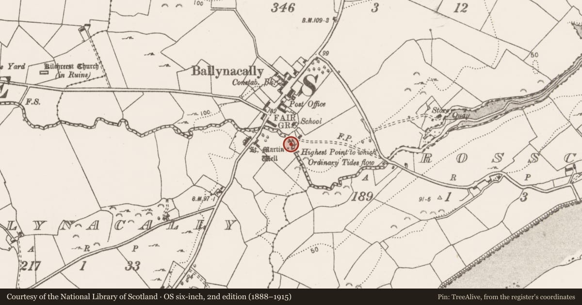 Ordnance Survey six-inch map, 2nd edition (1888–1915) covering the location of Ritual site - holy well, Ballynacally, County Clare, with a pin at the register's coordinates