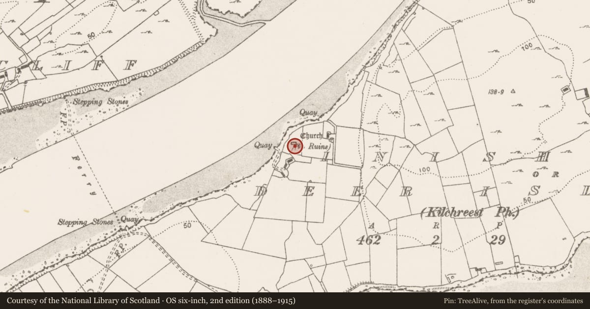 Ordnance Survey six-inch map, 2nd edition (1888–1915) covering the location of Church, Inishmore Or Deer Island, County Clare, with a pin at the register's coordinates