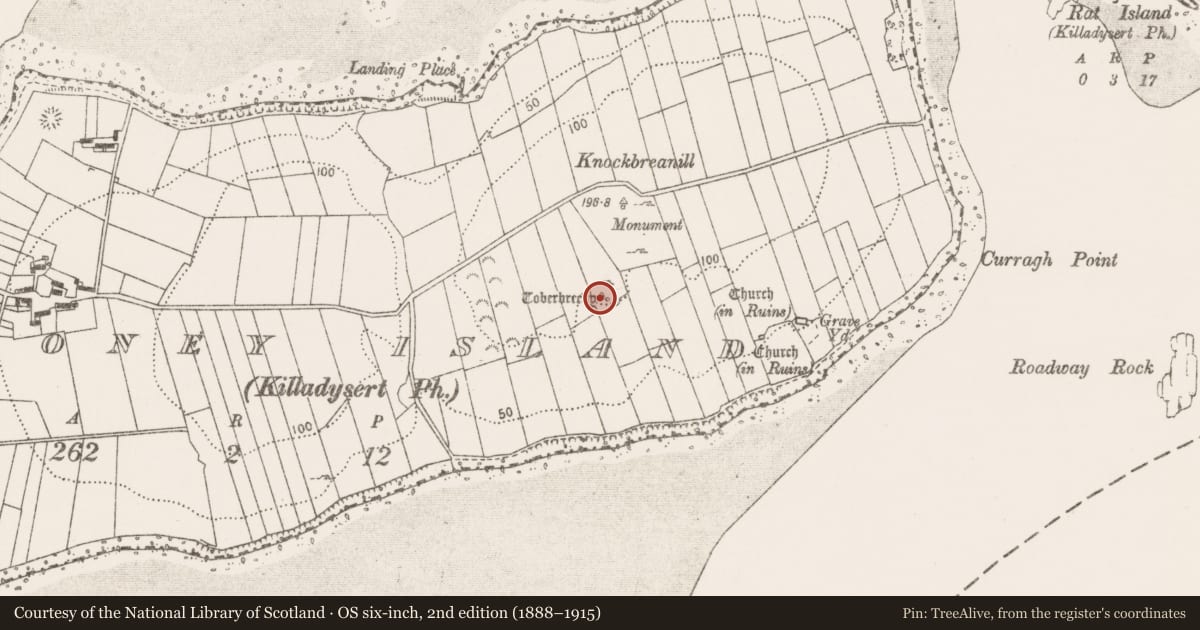 Ordnance Survey six-inch map, 2nd edition (1888–1915) covering the location of Ritual site - holy well, Coney Island, County Clare, with a pin at the register's coordinates