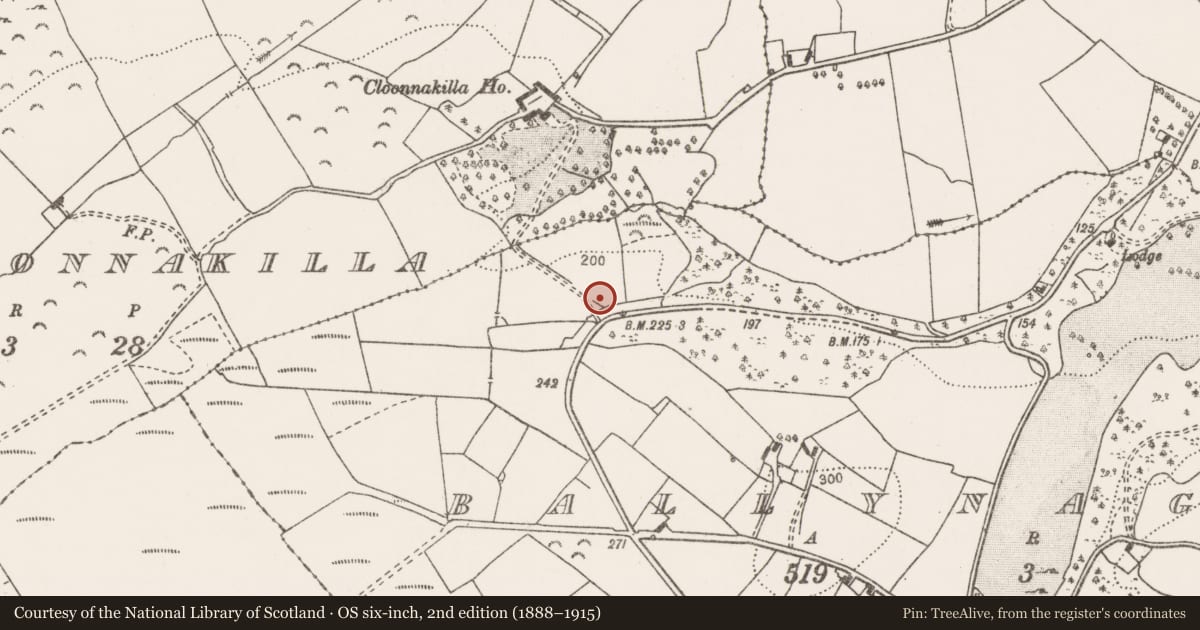 Ordnance Survey six-inch map, 2nd edition (1888–1915) covering the location of Fulacht fia, Ballynagard, County Clare, with a pin at the register's coordinates