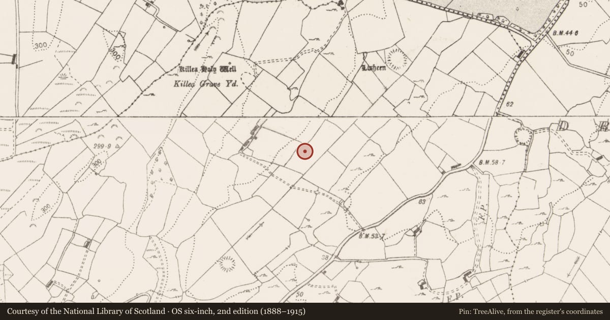 Ordnance Survey six-inch map, 2nd edition (1888–1915) covering the location of Burnt mound, Lisheen, County Clare, with a pin at the register's coordinates
