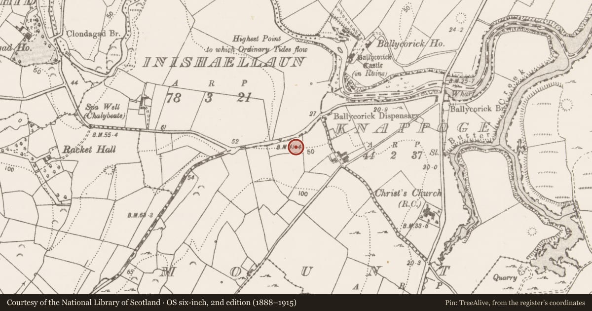 Ordnance Survey six-inch map, 2nd edition (1888–1915) covering the location of Burnt mound, Mount, County Clare, with a pin at the register's coordinates