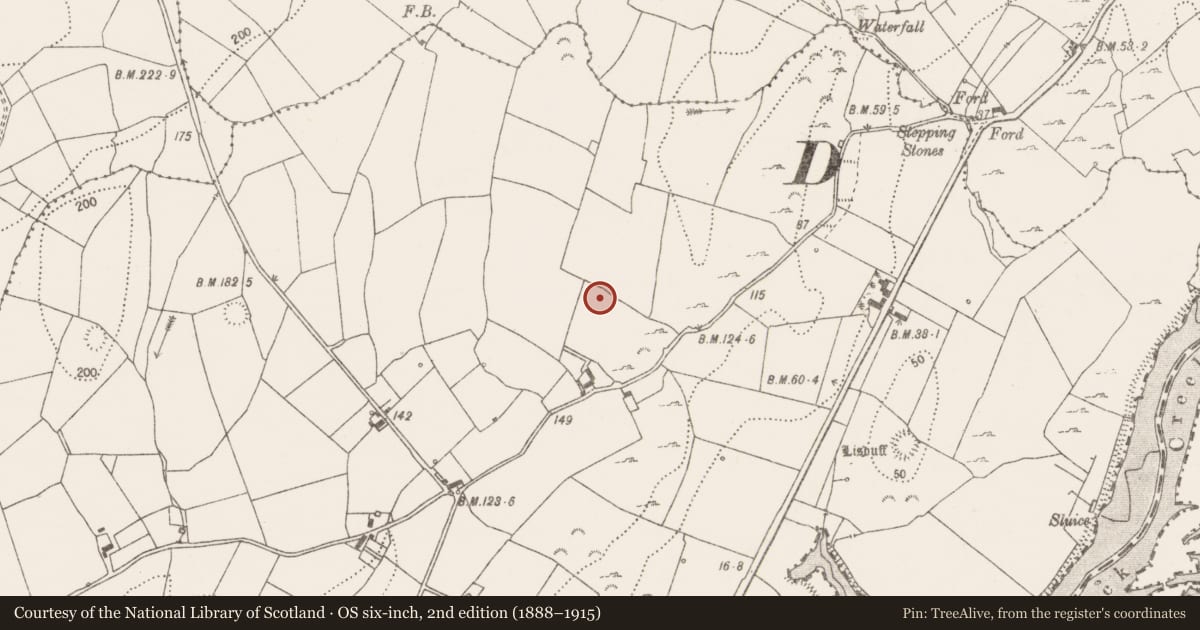 Ordnance Survey six-inch map, 2nd edition (1888–1915) covering the location of Fulacht fia, Ballycorick, County Clare, with a pin at the register's coordinates