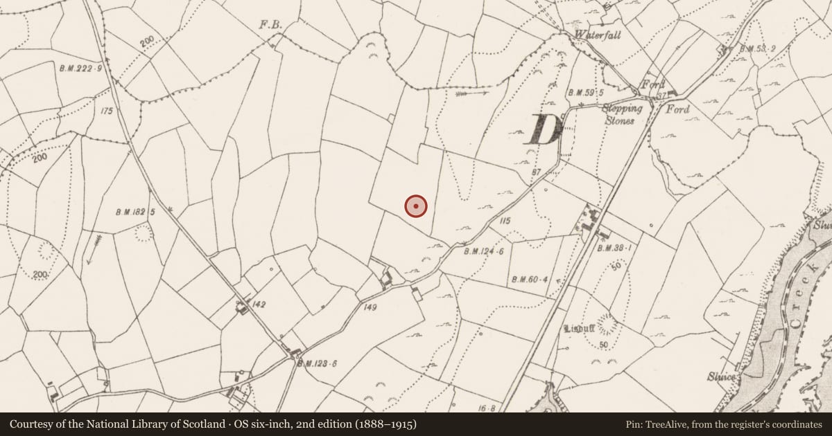Ordnance Survey six-inch map, 2nd edition (1888–1915) covering the location of Fulacht fia, Ballycorick, County Clare, with a pin at the register's coordinates