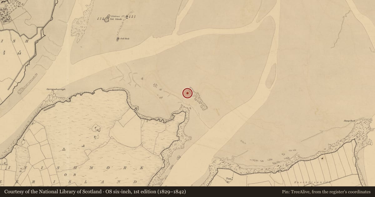 Ordnance Survey six-inch map, 1st edition (1829–1842) covering the location of Structure, Inishmore Or Deer Island, River Fergus, County Clare, with a pin at the register's coordinates
