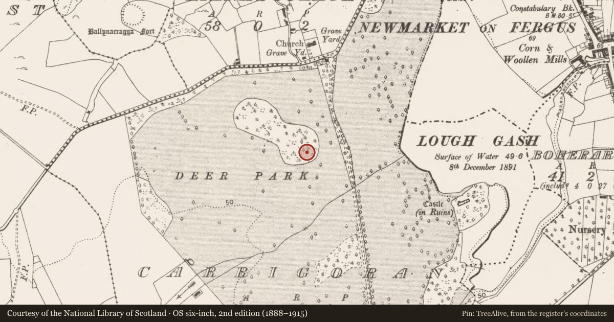 Ordnance Survey six-inch map, 2nd edition (1888–1915) covering the location of Well, Carrigoran, County Clare, with a pin at the register's coordinates
