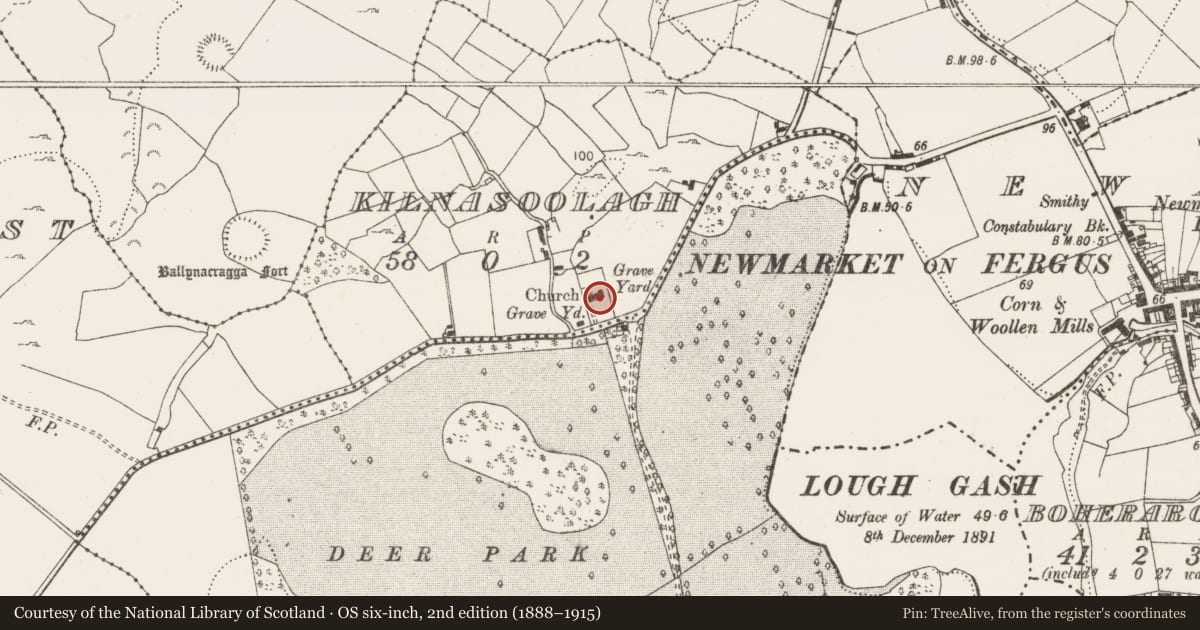 Ordnance Survey six-inch map, 2nd edition (1888–1915) covering the location of Church, Kilnasoolagh, County Clare, with a pin at the register's coordinates