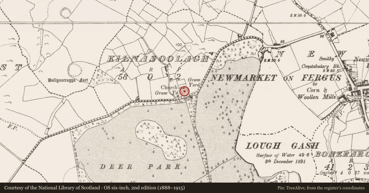 Ordnance Survey six-inch map, 2nd edition (1888–1915) covering the location of Graveyard, Kilnasoolagh, County Clare, with a pin at the register's coordinates