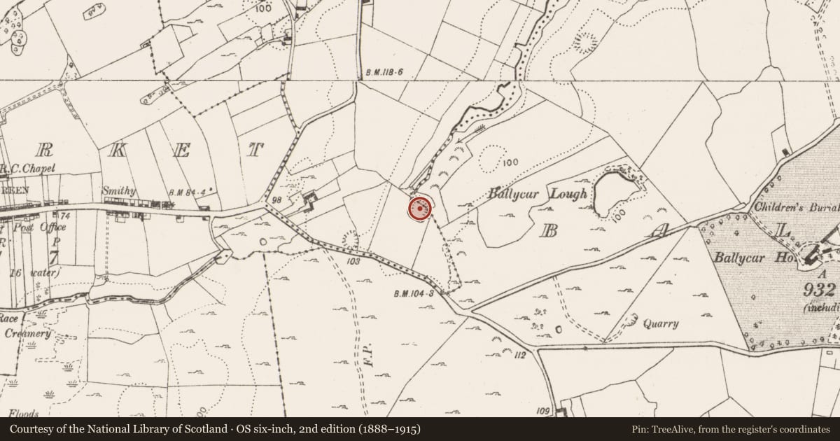 Ordnance Survey six-inch map, 2nd edition (1888–1915) covering the location of Ringfort - cashel, Ballycar, Carrownakilly, County Clare, with a pin at the register's coordinates