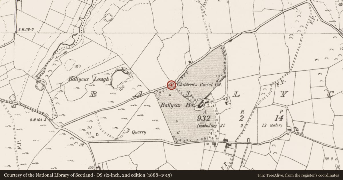 Ordnance Survey six-inch map, 2nd edition (1888–1915) covering the location of Children's burial ground, Ballycar, County Clare, with a pin at the register's coordinates