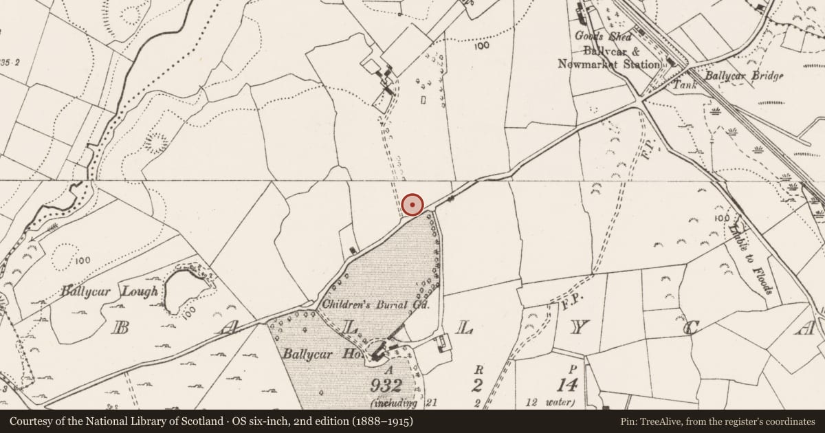 Ordnance Survey six-inch map, 2nd edition (1888–1915) covering the location of Enclosure, Ballycar, County Clare, with a pin at the register's coordinates
