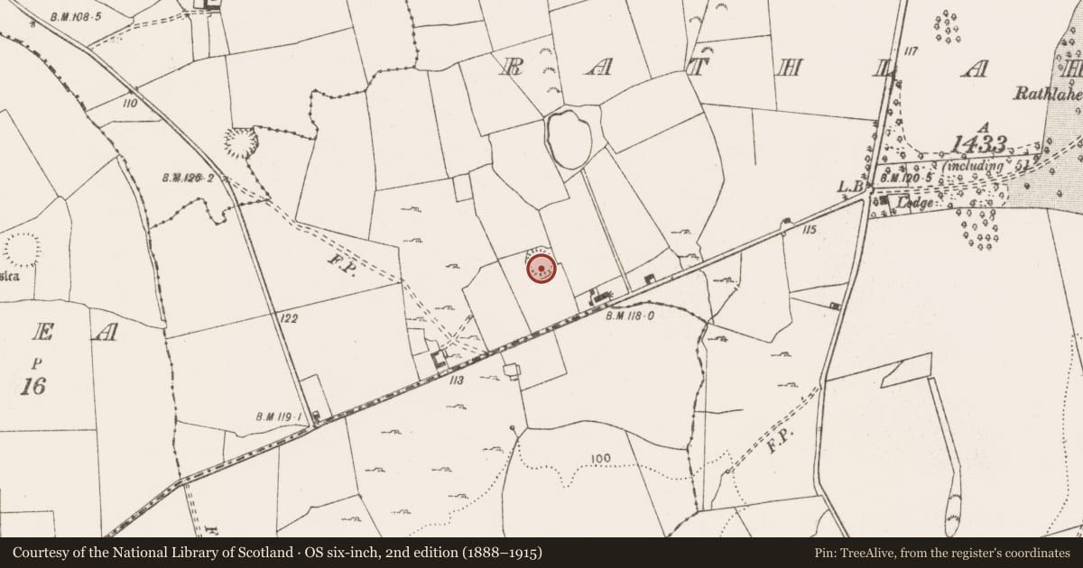 Ordnance Survey six-inch map, 2nd edition (1888–1915) covering the location of Ringfort - rath, Rathlaheen South, County Clare, with a pin at the register's coordinates