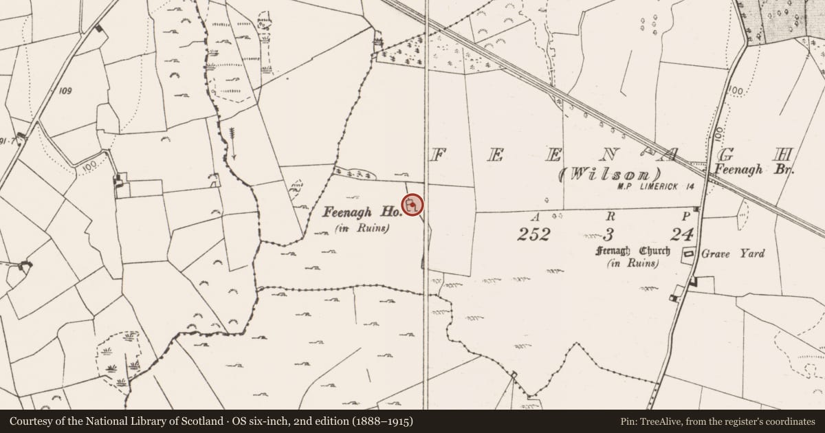 Ordnance Survey six-inch map, 2nd edition (1888–1915) covering the location of House - 16th/17th century, Feenagh, County Clare, with a pin at the register's coordinates