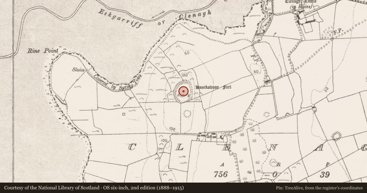 Ordnance Survey six-inch map, 2nd edition (1888–1915) covering the location of Hilltop enclosure, Clenagh, County Clare, with a pin at the register's coordinates