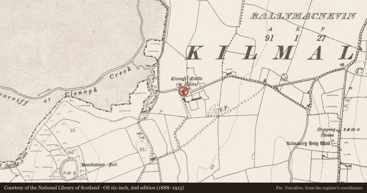 Ordnance Survey six-inch map, 2nd edition (1888–1915) covering the location of Castle - tower house, Clenagh, County Clare, with a pin at the register's coordinates