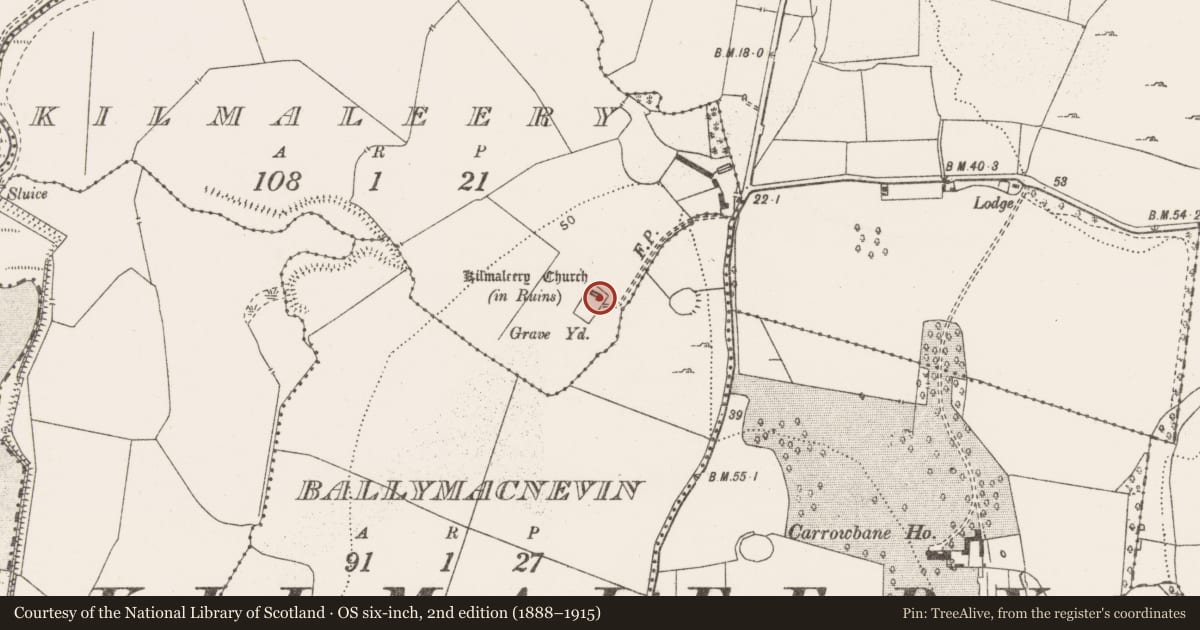 Ordnance Survey six-inch map, 2nd edition (1888–1915) covering the location of Church, Kilmaleery, County Clare, with a pin at the register's coordinates