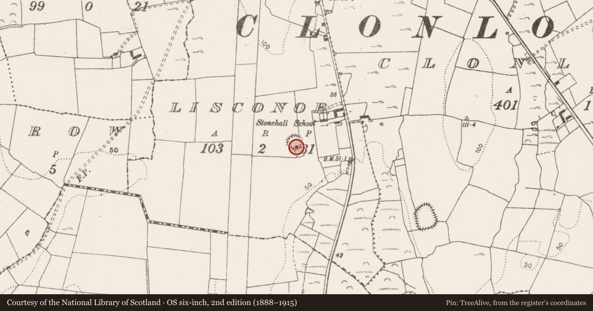 Ordnance Survey six-inch map, 2nd edition (1888–1915) covering the location of Souterrain, Lisconor, County Clare, with a pin at the register's coordinates