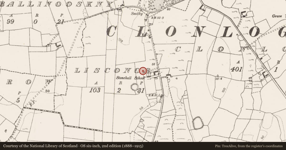 Ordnance Survey six-inch map, 2nd edition (1888–1915) covering the location of Enclosure, Lisconor, County Clare, with a pin at the register's coordinates