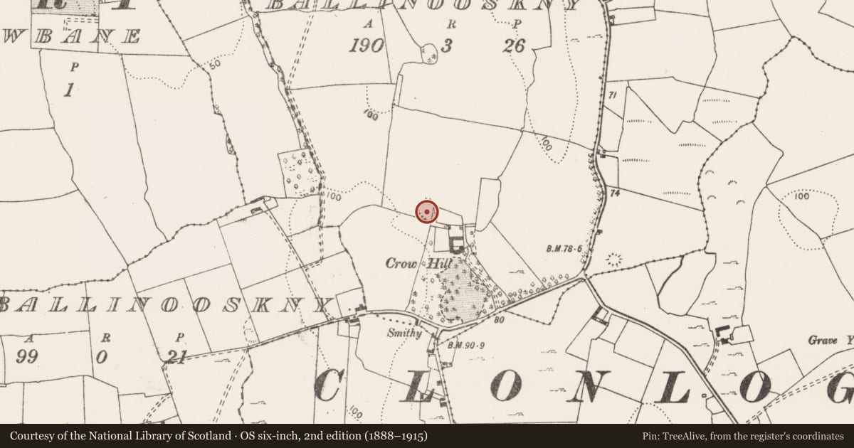 Ordnance Survey six-inch map, 2nd edition (1888–1915) covering the location of Ringfort - rath, Ballinooskny (Urlan), County Clare, with a pin at the register's coordinates