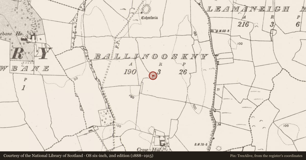 Ordnance Survey six-inch map, 2nd edition (1888–1915) covering the location of Ringfort - rath, Ballinooskny (Urlan), County Clare, with a pin at the register's coordinates