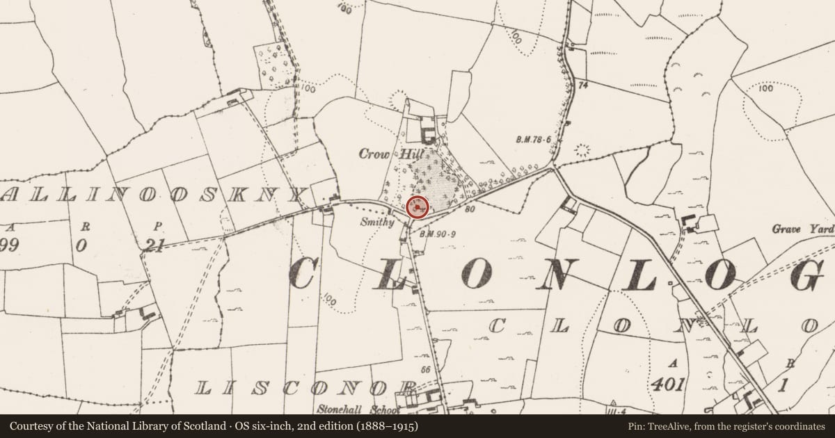 Ordnance Survey six-inch map, 2nd edition (1888–1915) covering the location of Earthwork, Ballinooskny (Urlan), County Clare, with a pin at the register's coordinates
