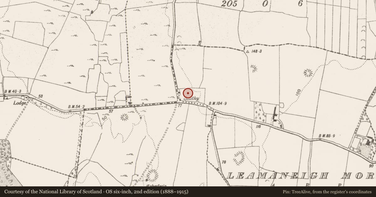 Ordnance Survey six-inch map, 2nd edition (1888–1915) covering the location of Earthwork, Leamaneigh More, County Clare, with a pin at the register's coordinates