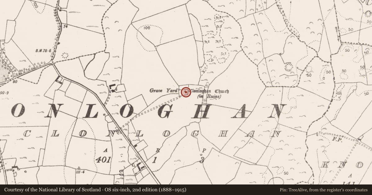 Ordnance Survey six-inch map, 2nd edition (1888–1915) covering the location of Church, Clonloghan, County Clare, with a pin at the register's coordinates