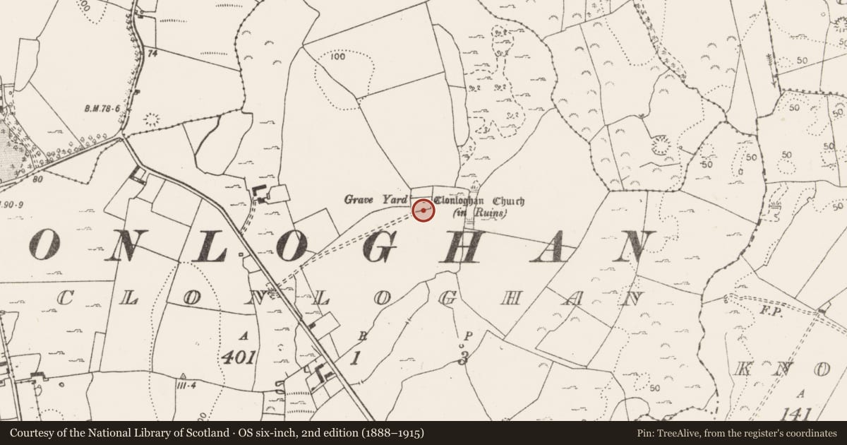 Ordnance Survey six-inch map, 2nd edition (1888–1915) covering the location of Graveyard, Clonloghan, County Clare, with a pin at the register's coordinates