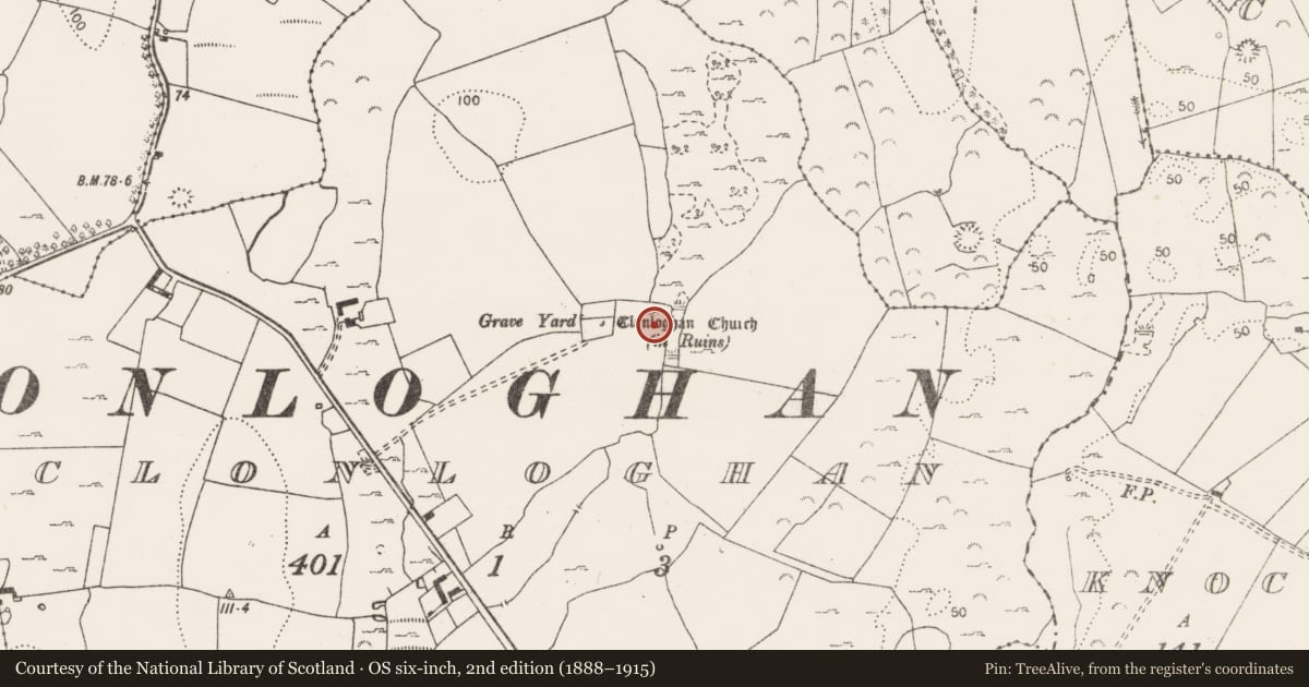 Ordnance Survey six-inch map, 2nd edition (1888–1915) covering the location of Castle - unclassified, Clonloghan, County Clare, with a pin at the register's coordinates