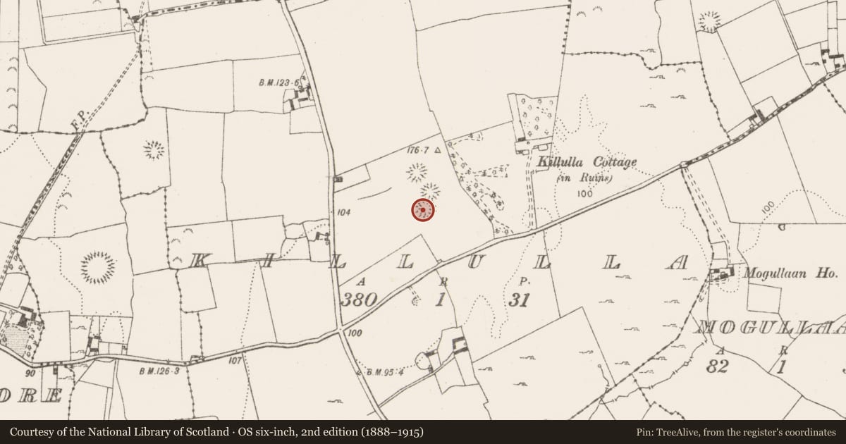 Ordnance Survey six-inch map, 2nd edition (1888–1915) covering the location of Ringfort - rath, Killulla, County Clare, with a pin at the register's coordinates