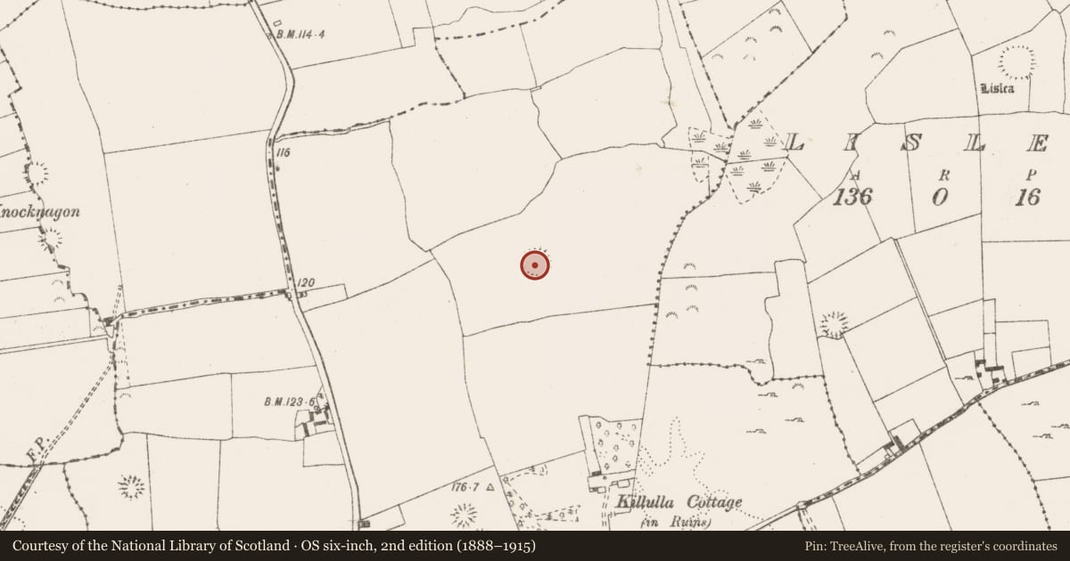 Ordnance Survey six-inch map, 2nd edition (1888–1915) covering the location of Enclosure, Killulla, County Clare, with a pin at the register's coordinates