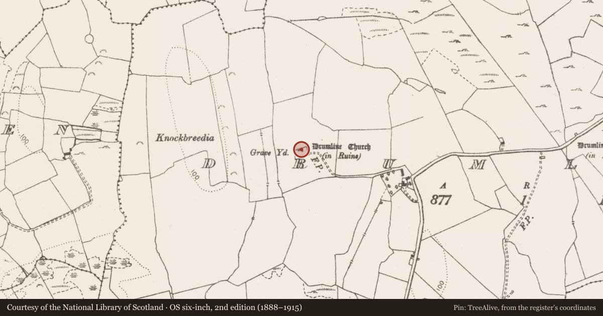 Ordnance Survey six-inch map, 2nd edition (1888–1915) covering the location of Church, Drumline, County Clare, with a pin at the register's coordinates