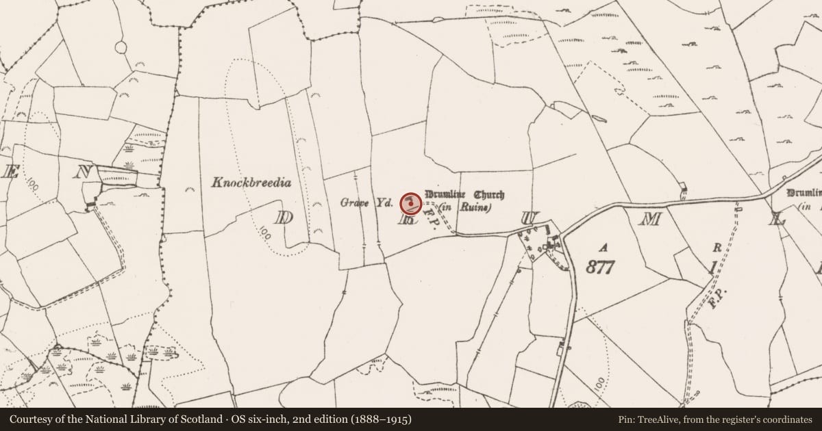 Ordnance Survey six-inch map, 2nd edition (1888–1915) covering the location of Graveyard, Drumline, County Clare, with a pin at the register's coordinates