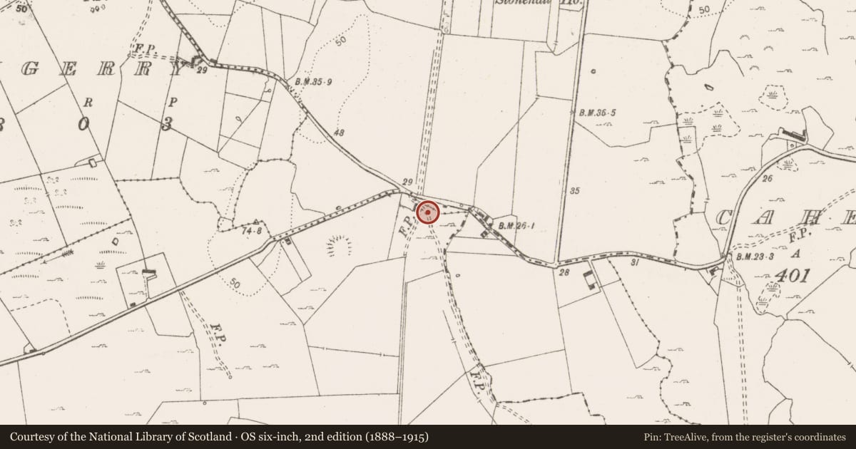 Ordnance Survey six-inch map, 2nd edition (1888–1915) covering the location of Building, Ballycally, County Clare, with a pin at the register's coordinates