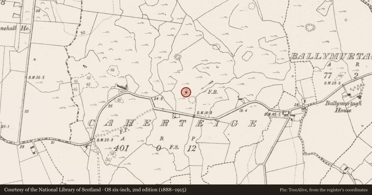 Ordnance Survey six-inch map, 2nd edition (1888–1915) covering the location of Enclosure, Caherteige, County Clare, with a pin at the register's coordinates
