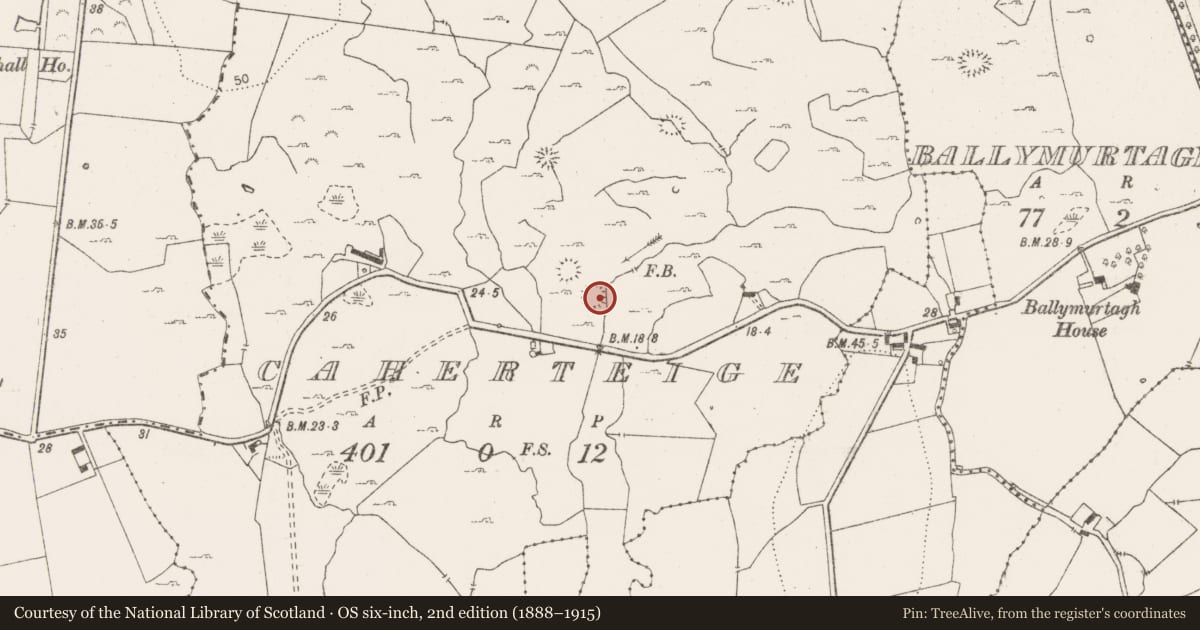 Ordnance Survey six-inch map, 2nd edition (1888–1915) covering the location of Enclosure, Caherteige, County Clare, with a pin at the register's coordinates