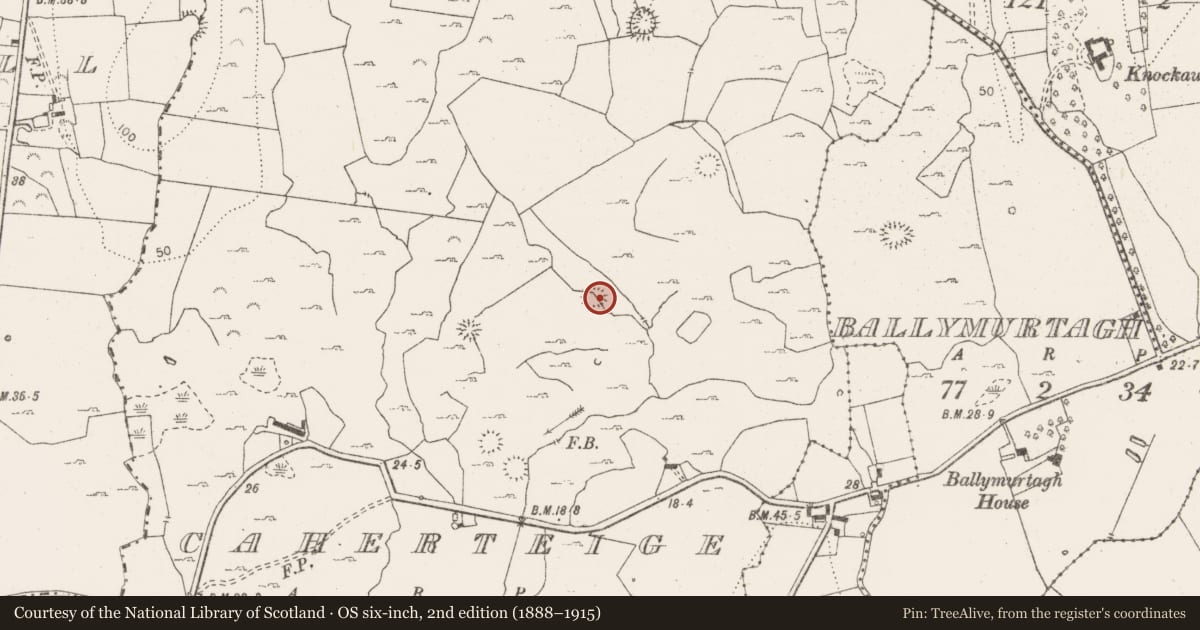 Ordnance Survey six-inch map, 2nd edition (1888–1915) covering the location of Enclosure, Caherteige, County Clare, with a pin at the register's coordinates