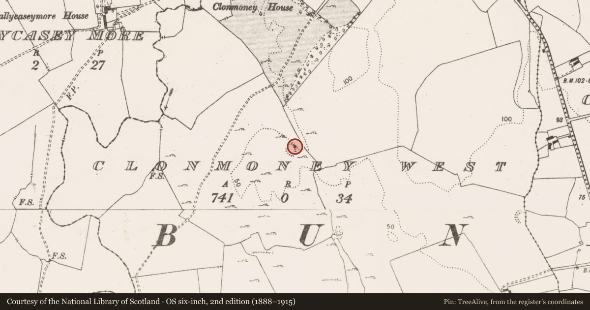 Ordnance Survey six-inch map, 2nd edition (1888–1915) covering the location of Ringfort - rath, Clonmoney West, County Clare, with a pin at the register's coordinates