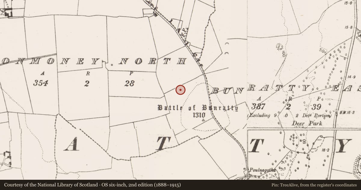 Ordnance Survey six-inch map, 2nd edition (1888–1915) covering the location of Furnace, Clonmoney North, County Clare, with a pin at the register's coordinates