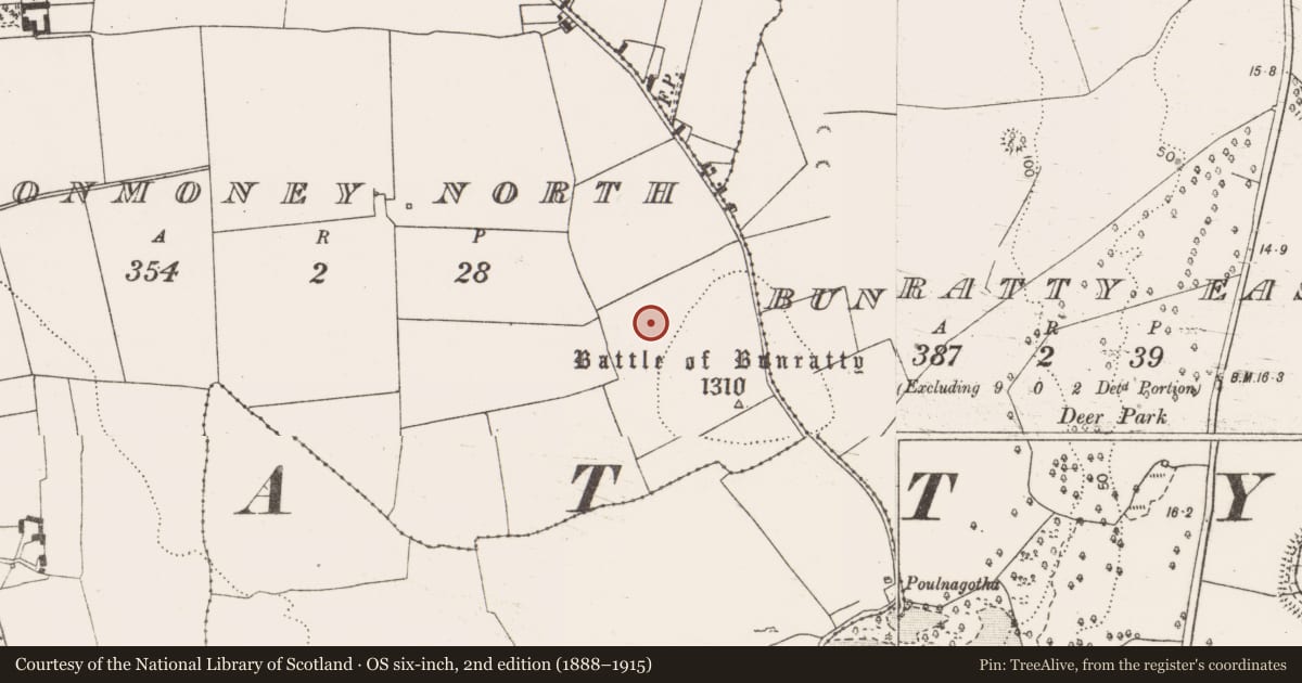 Ordnance Survey six-inch map, 2nd edition (1888–1915) covering the location of Hearth, Clonmoney North, County Clare, with a pin at the register's coordinates