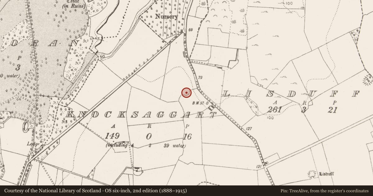 Ordnance Survey six-inch map, 2nd edition (1888–1915) covering the location of Enclosure, Knocksaggart, County Clare, with a pin at the register's coordinates