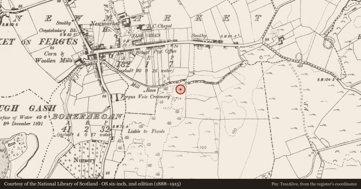 Ordnance Survey six-inch map, 2nd edition (1888–1915) covering the location of Fulacht fia, Lisduff, County Clare, with a pin at the register's coordinates