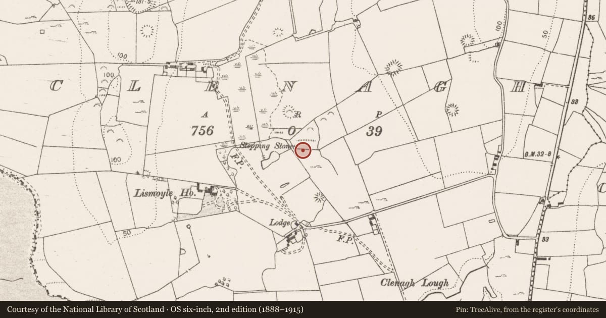 Ordnance Survey six-inch map, 2nd edition (1888–1915) covering the location of Fulacht fia, Clenagh, County Clare, with a pin at the register's coordinates