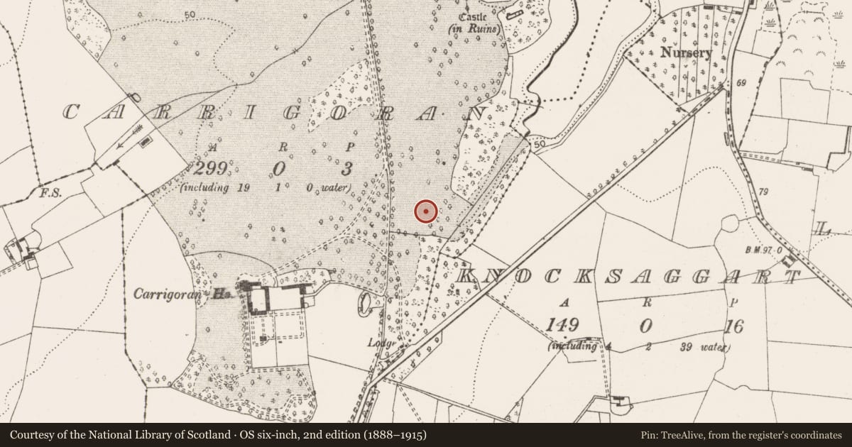Ordnance Survey six-inch map, 2nd edition (1888–1915) covering the location of Field boundary, Carrigoran, County Clare, with a pin at the register's coordinates