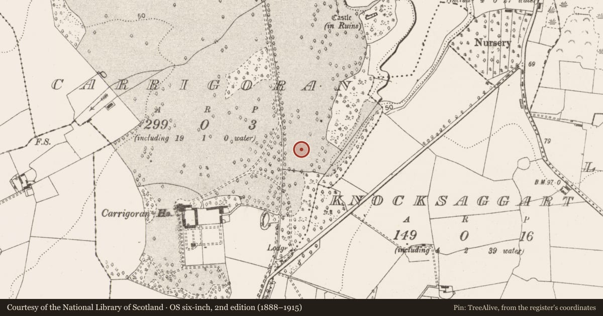Ordnance Survey six-inch map, 2nd edition (1888–1915) covering the location of House - indeterminate date, Carrigoran, County Clare, with a pin at the register's coordinates