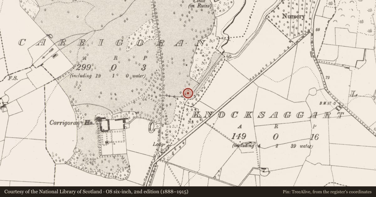 Ordnance Survey six-inch map, 2nd edition (1888–1915) covering the location of Fulacht fia, Carrigoran, County Clare, with a pin at the register's coordinates