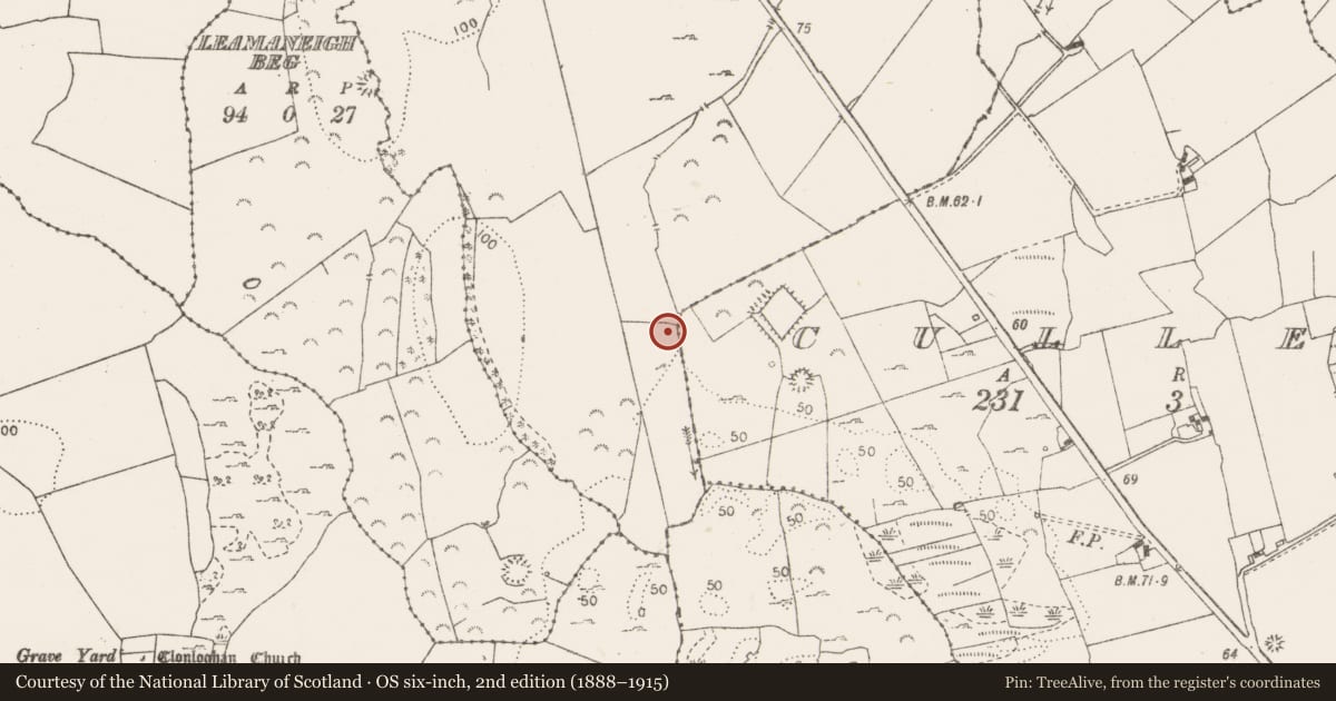 Ordnance Survey six-inch map, 2nd edition (1888–1915) covering the location of Burnt mound, Killulla, County Clare, with a pin at the register's coordinates